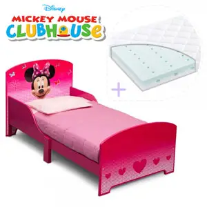 Acest set contine un pat cu cadru din lemn Minnie Mouse si o saltea pentru patut Dreamily cu dimensiunea de 140 x 70 x 10 cm